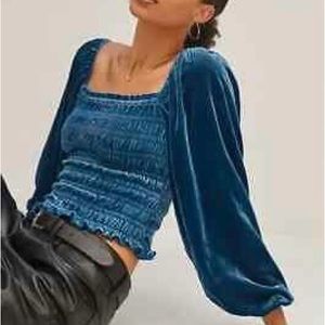 NWT Anthropologie Smocked Puff-Sleeve Velvet Blouse, size xsp